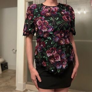 Vintage 80s Laurence Kazar Black Top with Purple and Pink Floral Embellishments